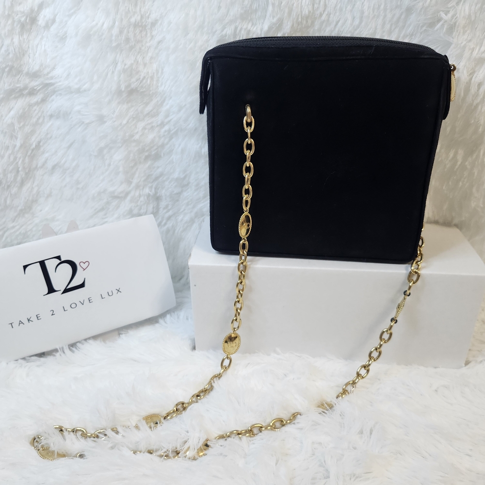 Beautiful Christian Dior Suede Purse With CD Gold Chain And Medalians
